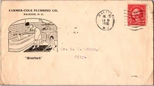 1923 Raleigh NC USA Advertising Farmer Cole Plumbing CO Cover to Mr R S Simms
