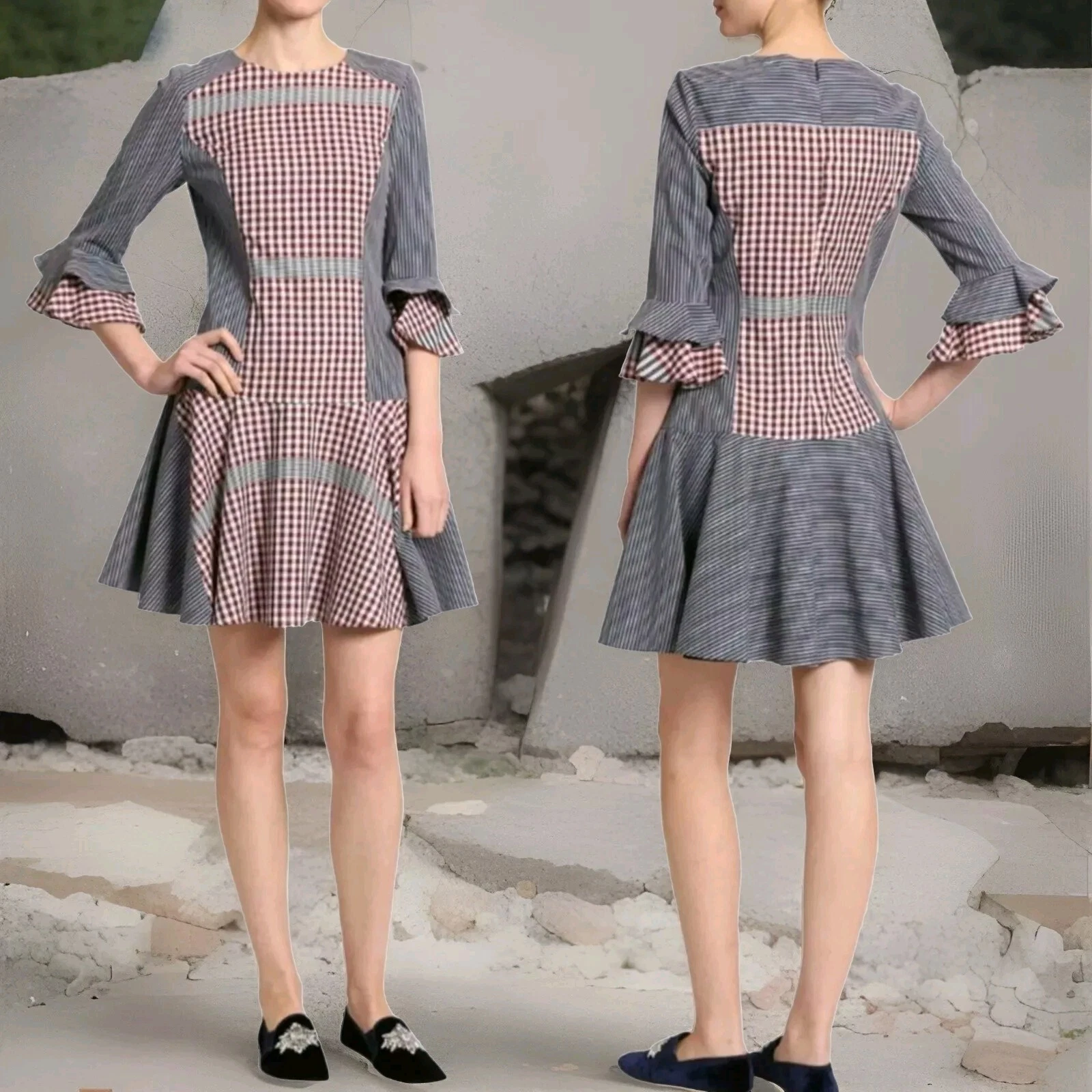 Badgley Mischka Plaid Ruffled Sleeve Mini Day Dress Small Casual Western Outfit
Opens in a new windo