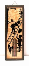1930’s Reverse Painted Silhouette on Glass with Thermometer Kids on Ladder