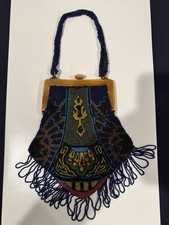 Antique 1920  s Beaded Flapper Purse Art Deco Fringe Glass Beads Celluloid Frame