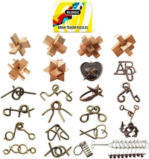 24PCS Brain Teaser Puzzles for Adults, Mind Puzzle Ancient Wooden and Metal Puzz