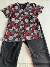 Cherokee/Prints Women Black Red Print Scrub Set Pants Top Medium