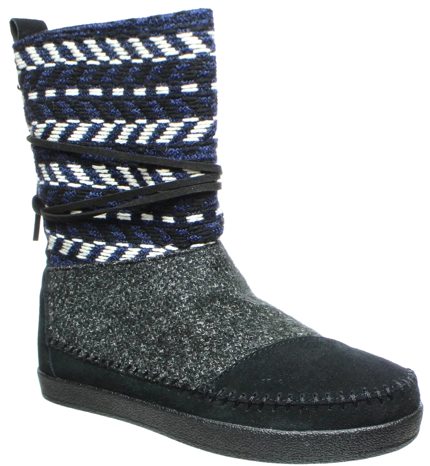 Bota de Moda TOMS Nepal para Mujer, Negra, Mezcla de Lana Blanca, Gamuza, Cuero Plana ~ 7.5 Foto 3 de 4