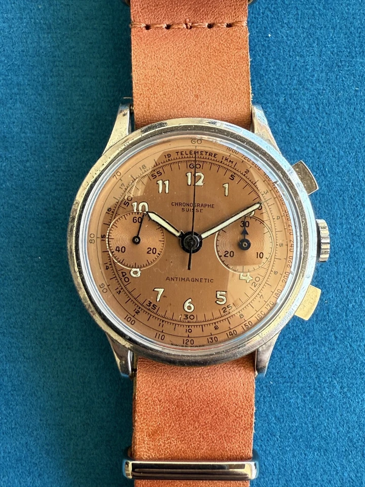 Chronographe Suisse Vintage Utilitarian Wrist Watch Very Unique Coral Dial Color - Image 4 of 4