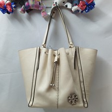 Tory Burch McGraw Dragonfly Cream Pebbled Leather Drawstring Tote Bag