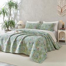 Floral Quilt King Size-100 Cotton Bedding Quilt Set 110"x98" 3pcs Green Fl...