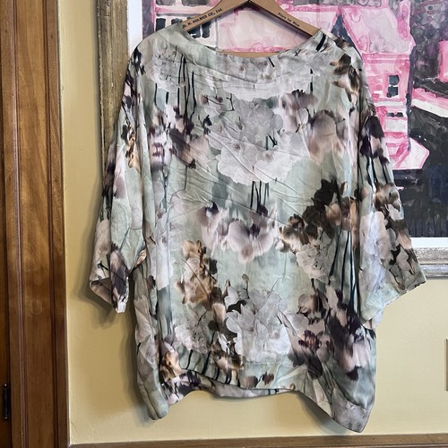 NWT Bryn Walker Floral Resort Shirt Top Size L Green Peach Print USA Lagenlook - Bild 2 von 11