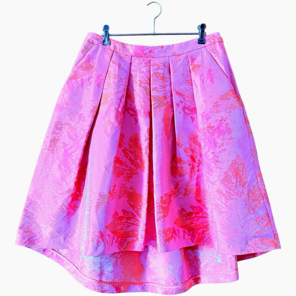 Forever New Brocade Skirt Womens 12 Pink Metallic Pleated High Low Pockets Lined