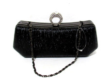 Black Ring Clasp Evening Bag Clutch Womens Clamshell Rhinestone Gunmetal Chain