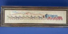 Vintage Needlework Art - Framed Wagon Caravan Scene - Crewel Folk Decor 27”x 8”