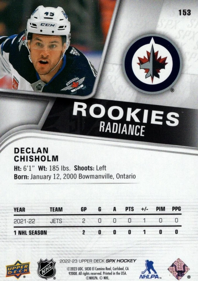 2022-23 SPx Radiance #153 Declan Chisholm /100 - HKY - Image 2 of 2