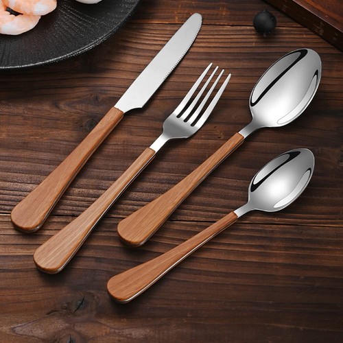 Wood Silverware Set for 8 Flatware Sets Stainless Steel Wooden Grain Handle C...