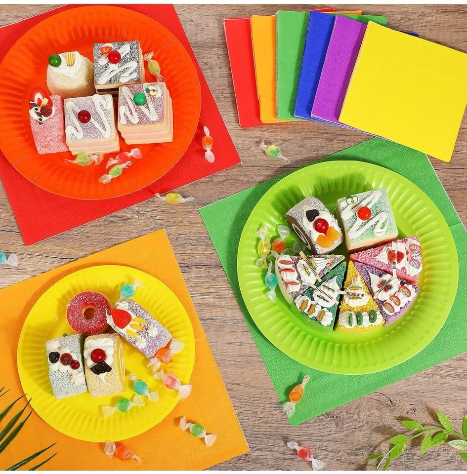 Juego de 180 platos y servilletas de papel arco iris para 60 invitados fiesta arco iris neón... Foto 2 de 4