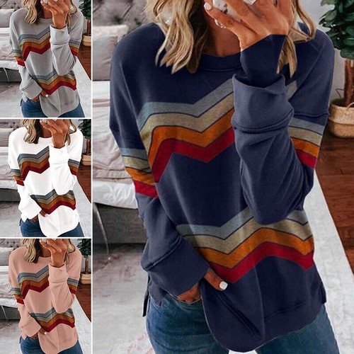 Women's Striped Pullover T Shirt Blouse Ladies Long Sleeve Loose Tops Basic Tee