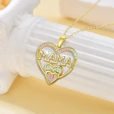 Gold, Blue, Pink MAMA Heart Necklace, Sparkly Jewelry Gift for Mom Mother’s Day