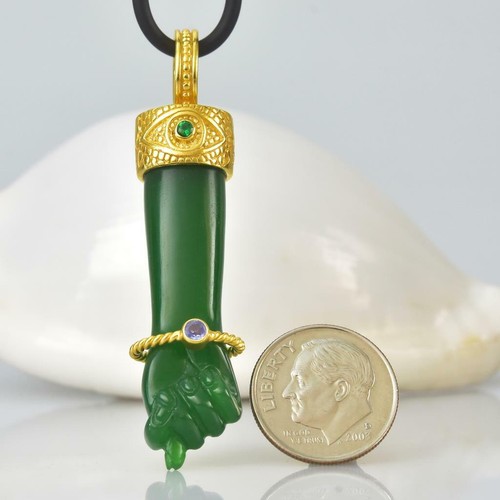 Oro Vermeil de Ley Mano Fico Figa Colgante Calcedonia Esmeralda Tanzanita 11.82g - Imagen 9 de 11