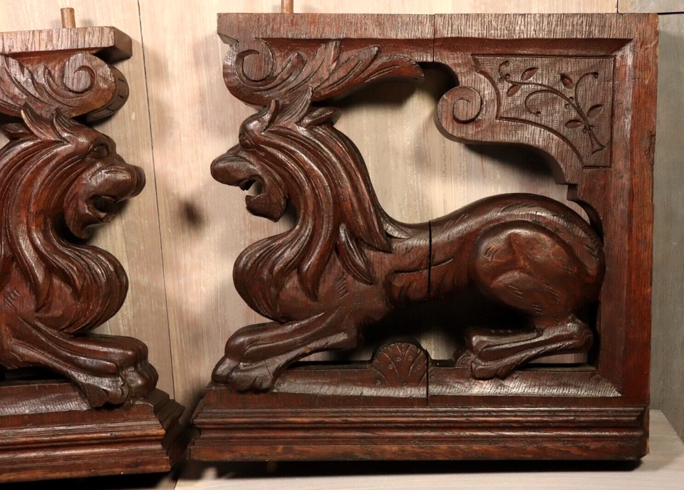 大量 古董 法国 墙面支架 Corbels 手工雕刻 橡木 一对 狮子雕像 — 第 4/4 张图片