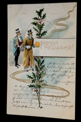 62888 Postcard Prosit New Year 2 Men with Hat and Bouquets of Flowers Elegant Coats 1902