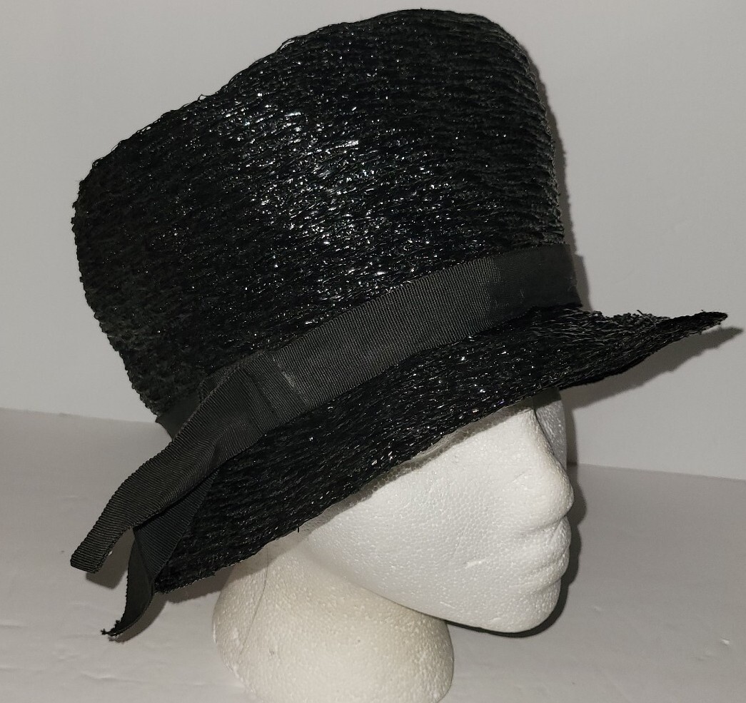 BLACK straw Woven Grosgrain Ribbon Cloche Brimmed Hat 