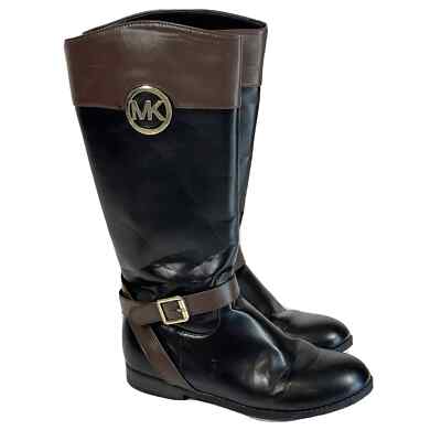 Michael Kors Emma Blaire Tall Riding Leather Boots Size 5 Black Brown MK Logo