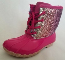 Yokids Pink Lace-Up Girls Rubber Boots with Silver Glitter Kids Size 3, 4