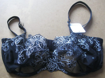 PRETTY SECRETS BLACK / WHITE SHEER EMBROIDERED UNDERWIRED BRA. Size 36DD. BNWT.