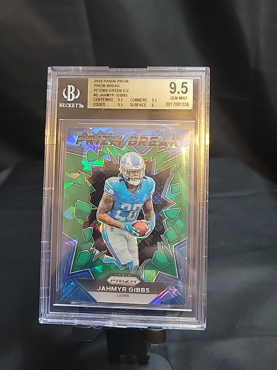 2023 Prizm Break Green Prizm #PB-5 Jahmyr Gibbs SP (RC) Beckett 9.5