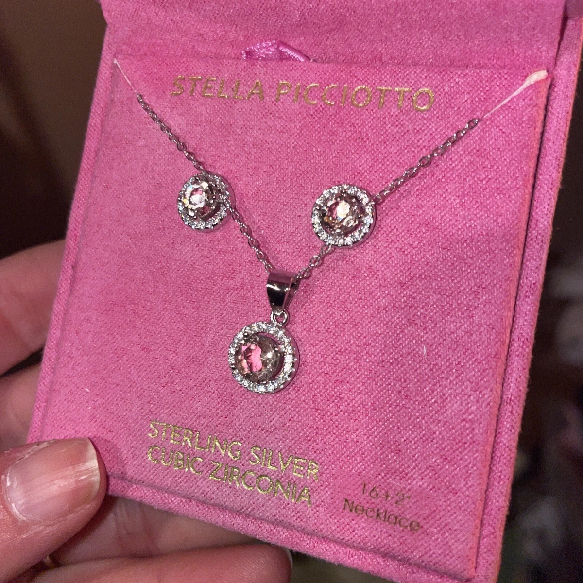 New STELLA PICCIOTTO STERLING SILVER Light Pink Peach Cz Color Necklace Earring