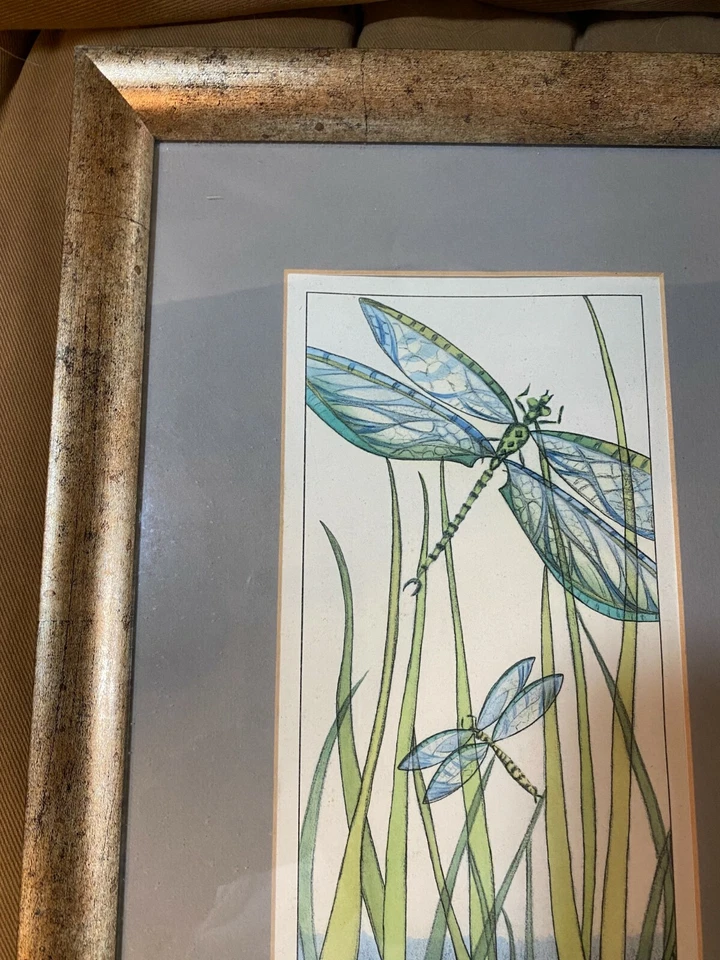"Dragonflies Among Grass Scene" - Ink And Watercolor Painting - Framed - Image 2 of 4