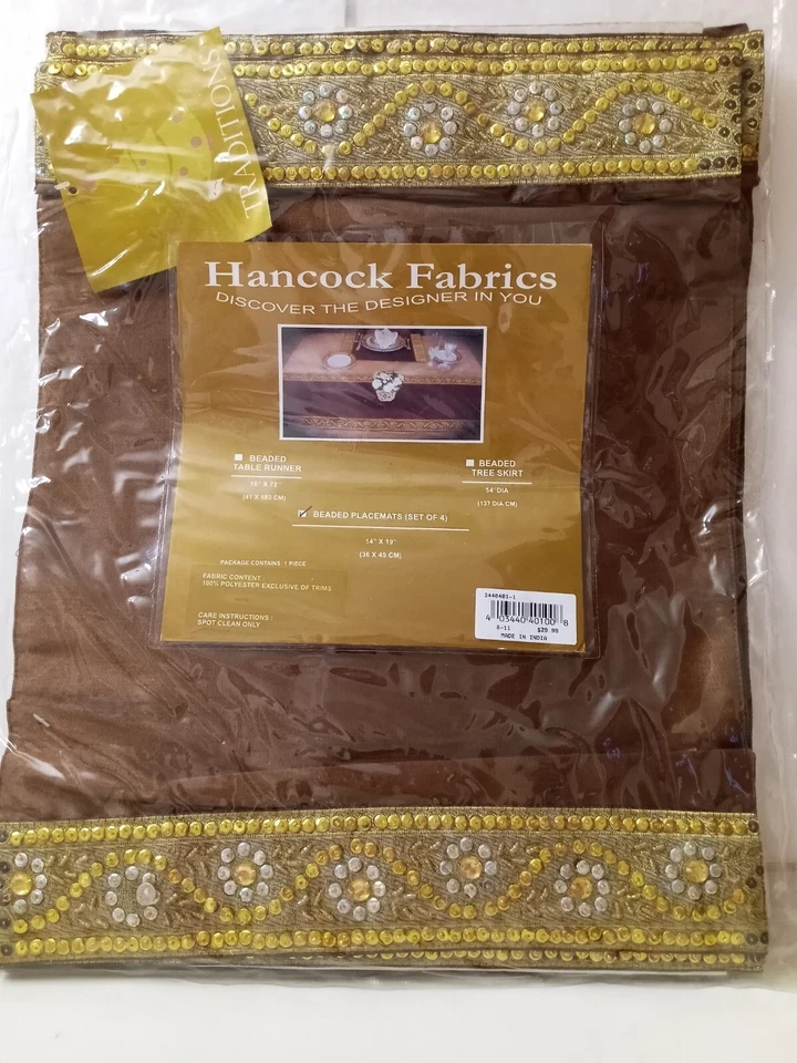 BOHO Moroccan Placemats 14" x 19" Polyester Brown w/ Gold Beaded Bling Trim New - Image 2 of 4