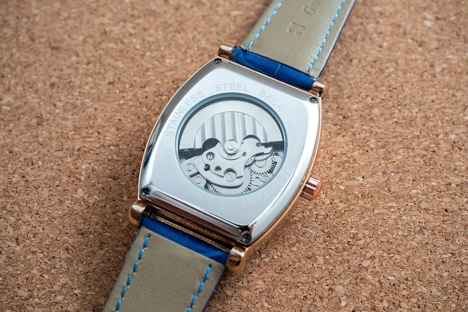 Reloj mecánico automático fase lunar oro rosa para hombre cuero azul esfera 24 horas Foto 3 de 4