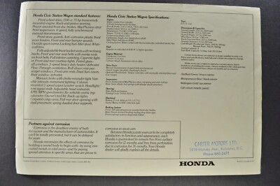 1979 Honda Civic Station Wagon Brochure Sheet Nice Original 79