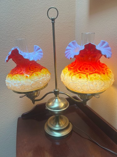 FENTON AMBERINA POPPY STUDENT DOUBLE CASED SHADES GLASS BRASS LAMP - Picture 2 of 10