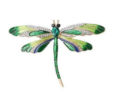 Brosche Schmuck Insekt Libelle grün dominant, Edelstahl.
