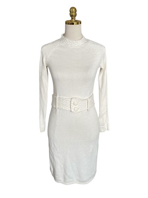 Boston Proper White Long-sleeved Ribbed Knit DressMock Neck Braided Belt Fitted