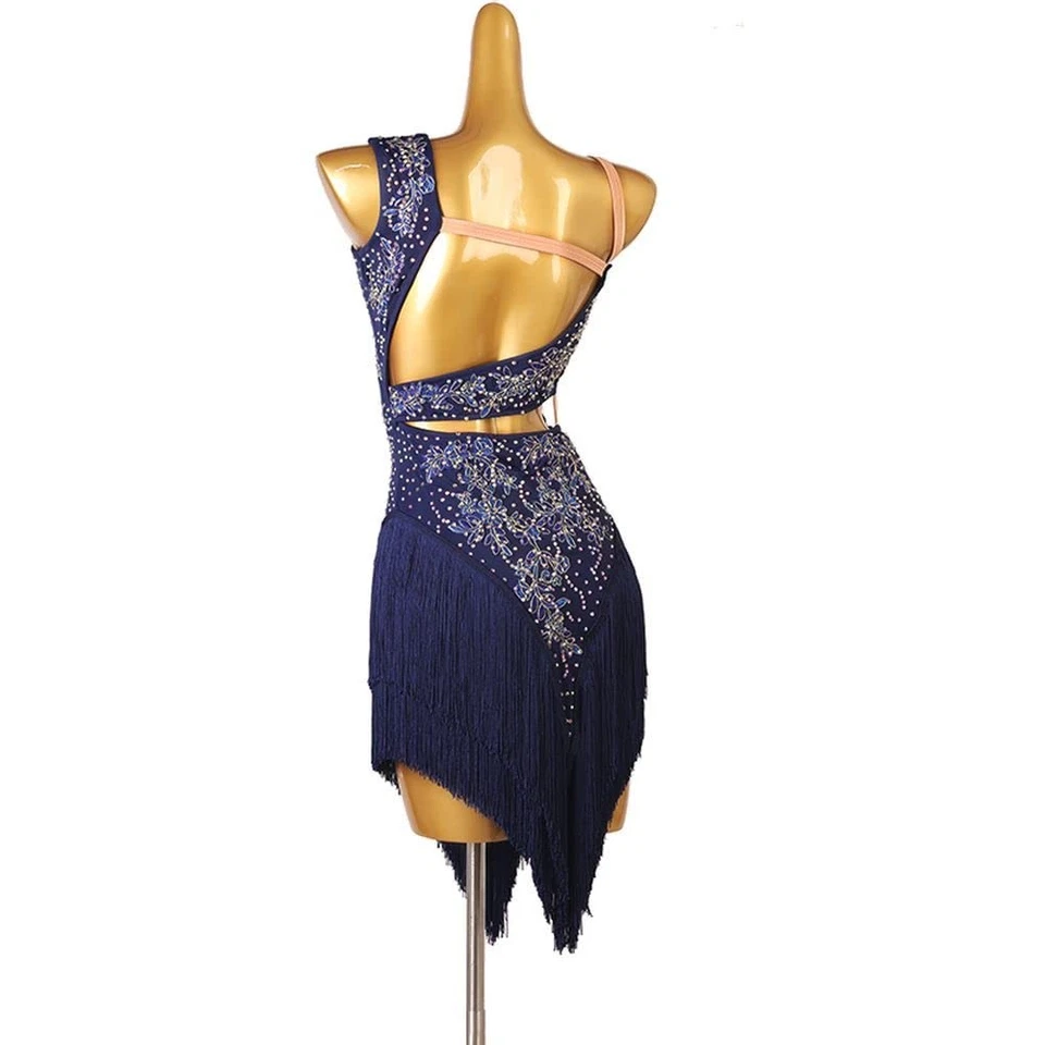 Vestido de baile latino sin mangas azul recortado para mujer flecos dobladillo espectáculo fiesta Foto 2 de 4