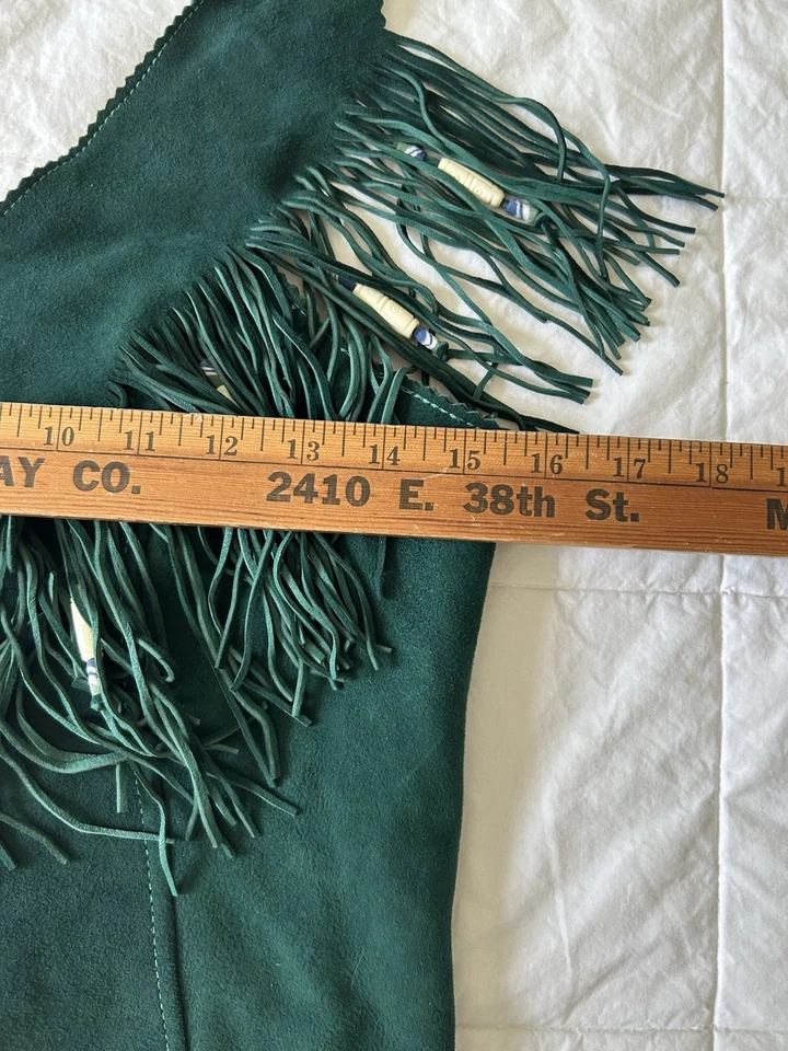 VTG 60-90’s women's Green leather beaded western boho fringe halter top Corset M - Image 4 of 4