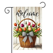 Spring Welcome Garden Flag 12x18 Inch Double-Sided Flower Basket Tulip Yard Flag