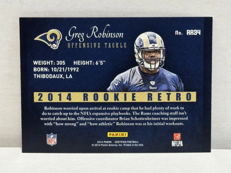 2014 Panini Certified Rookie Retro Gold #RR34 Greg Robinson St. Louis Rams #/25 - Image 2 of 2