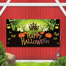 Happy Halloween Banner with Pumpkins and Haunted House