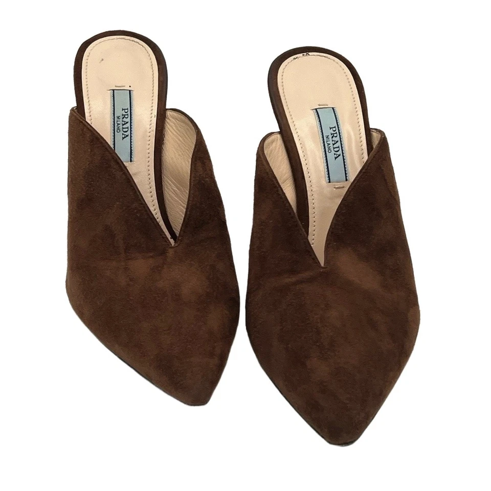 Prada Mule Talla 7 Marrón Gamuza Corte en V Diseñador Dinero Antiguo Silencioso Lujo Ivy League Foto 2 de 4