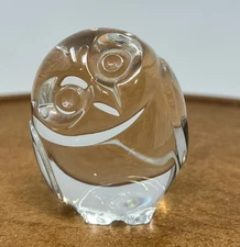 Steuben Glass Crystal Owl Hand Cooler Paperweight Figurine Signed Tilted Head