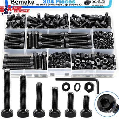 304PCS M5 Screws Kit, M5X8/12/16/20/30/35Mm Hex Socket Head Cap Screws Bolts Nut