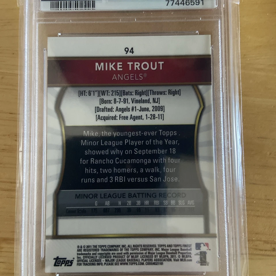 2011 Topps Finest - Mike Trout #94 (RC) psa 9 mint  - Image 2 of 2