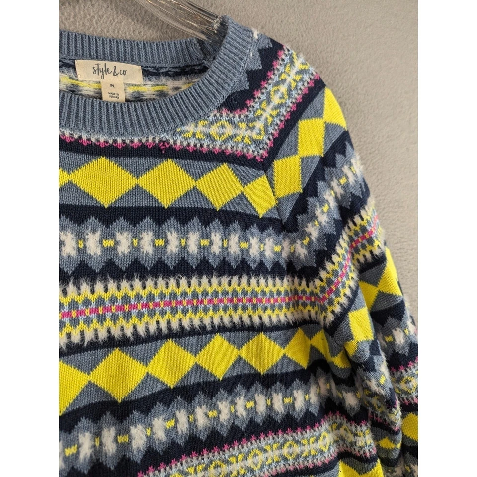 Suéter Style & Co Mujer Talla PL Fair Isle Azul Pullover Algodón Túnica Geométrica Foto 4 de 4