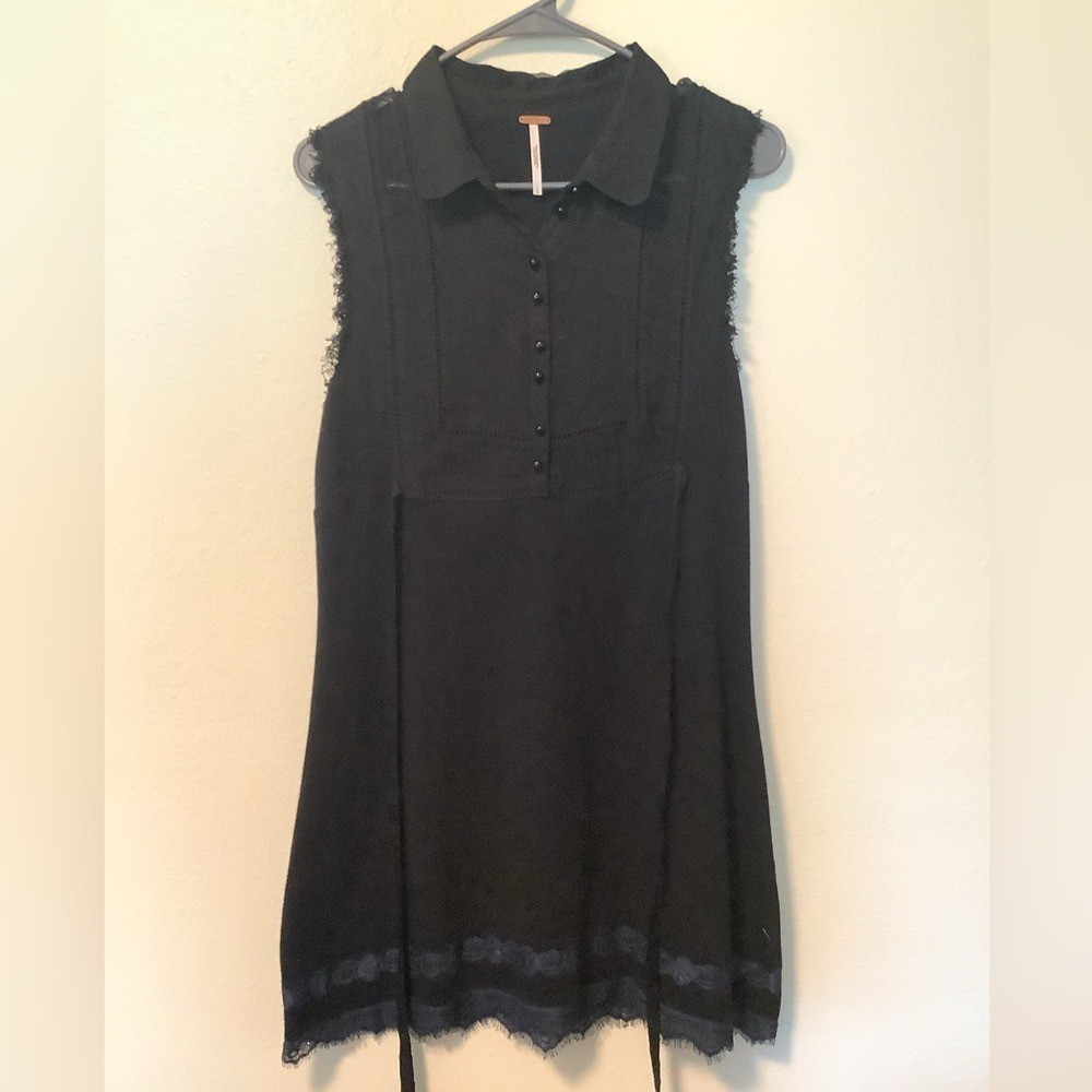 Free people women large black combo with blue lace tie back pullover mini dress