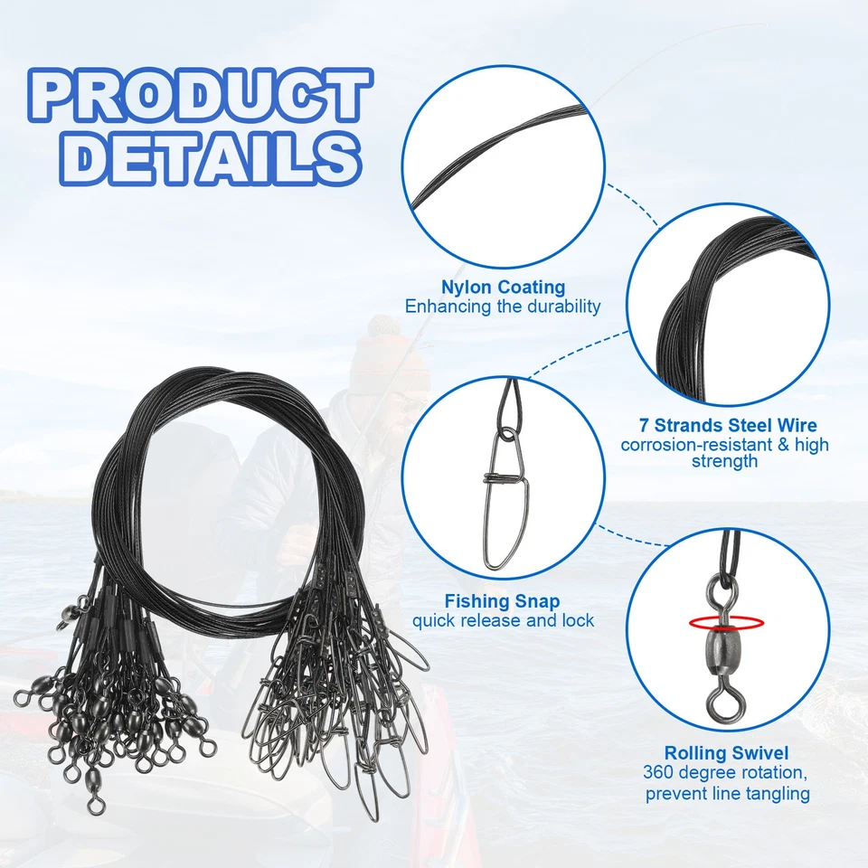 30Pcs Steel Fishing Wire Leader Line with Swivel and Snap 125LB 21 Inch, Black Foto 3 de 4