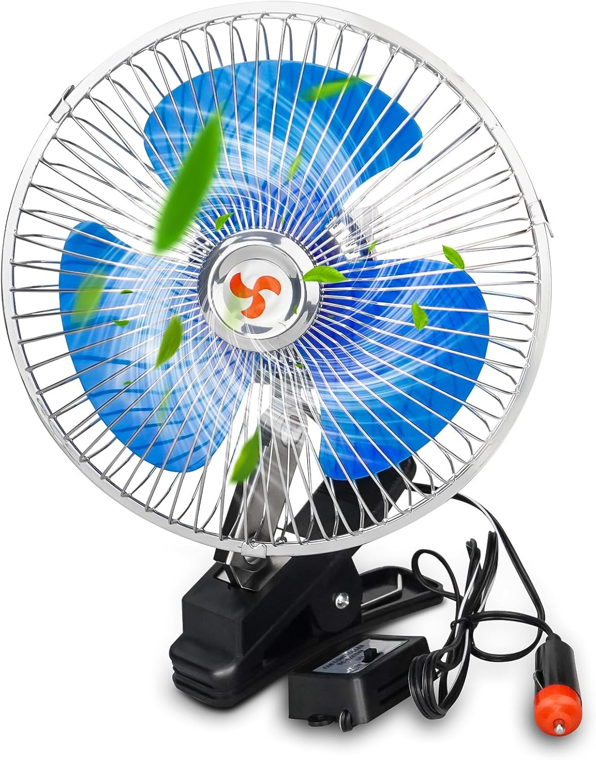 Ventilatore Auto 12V 8 Pollici Blu Rotazione 360° con Accendisigari