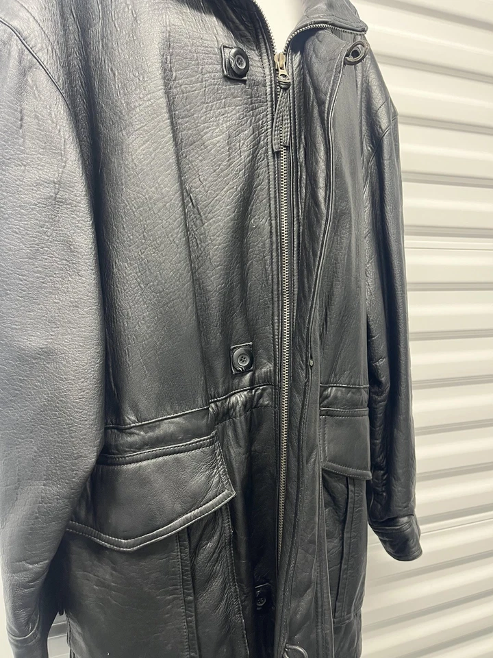 J. Chaqueta de Cuero Park Para Hombres 3XL Negra Cremallera Botón Forro Acolchado Abrigo de Coche Pesado Foto 3 de 4