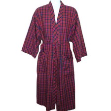 Vintage Red Green Plaid Mens Cotton Robe Pockets Belted OS Made In USA